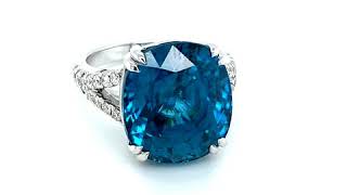 GIA Certified Cushion Shaped Blue Zircon and Diamond Ring Set in 14 Karat White Gold