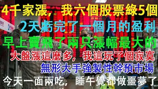 大a散戶:四千家上漲，我六個股票錄了5個。兩天虧完了一個月的盈利。大盤漲這麼多，我這玩了個寂寞。無形大手在強制性干預市場。今天我一面兩吃，睡午覺都做噩夢。2025年2月26日