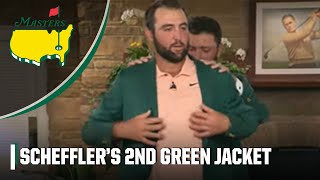 Scottie Scheffler receives 2nd green jacket from Jon Rahm after winning The Masters ⛳ | 2024 Masters
