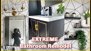 DIY MOODY Bathroom Remodel | PEEL AND STICK FLOORS , WALLPAPER + BLACK CEILING