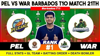 PEL vs WAR Dream11, PEL vs WAR Dream11 Prediction, PEL vs WAR Barbados T10 21ST Match Dream11 Team