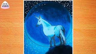 How to Draw Unicorn Scenery Drawing With Oil Pastel for Beginners - Step by Step