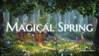 Magical Spring ASMR Ambience🍃Spring Forest Cabin 🦉Fire, Crickets, Stream Sounds✨Enchanted Ambience