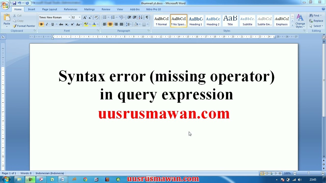 Error Syntax Error Missing Operator In Query Expression - YouTube