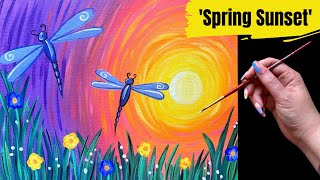 💐 EP152 'Spring Sunset' easy dragonfly springtime acrylic painting tutorial for beginners