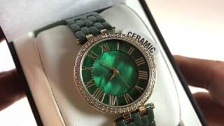 Anne Klein Women's AK/2130GNGB Swarovski Crystal Accented Gold-Tone and Green Ceramic Bracelet Watch