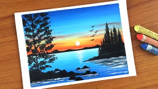 Easy Oil pastel Sunset Scenery painting for beginners | Oil Pastel Drawing Tutorial