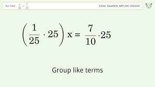 Linear equation with one unknown: Solve x/25=7/10 step-by-step solution