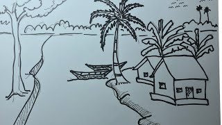 Easy village scenery Drawing step by step I  Dhrityman Drawing Academy