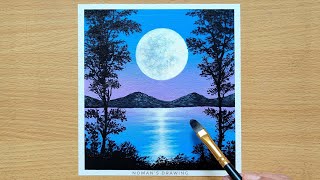 Full Moon Acrylic Painting / Easy Moonlight night Scenery Painting