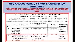 MEGHALAYA PUBLIC SERVICE COMMISSION SHILLONG: PROGRAMME OF PERSONAL INTERVIEW FOR SEPTEMBER, 2023