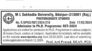 MLSU Udaipur PhD Entrance Exam 2024 notification release | sukhadia University Udaipur RET Exam 2024