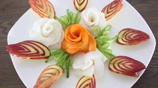 Lovely Carrot & Radish Rose Flowers Design - Apple & Cucumber Carving Garnish