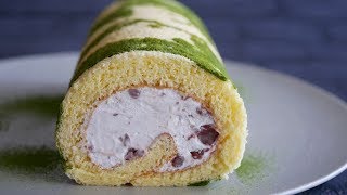 抹茶と小豆のふわ♡うまロールケーキ 珈琲味もあるよ! | Easy \u0026 Fluffy Matcha Swiss Roll