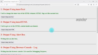 Javascript Output Display Possibilities | innerText | innerHTML | alert() | log() | write() print()