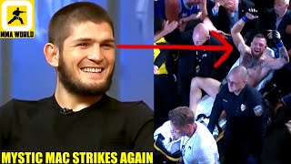 Khabib reacts to Conor McGregor getting carried out on a stretcher after breaking his leg,Poirier