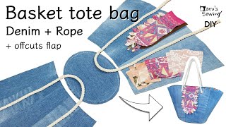 [Basket bag] I made it with denim + rope + scrap fabric. Handmade / How to make #sewing  #tutorial