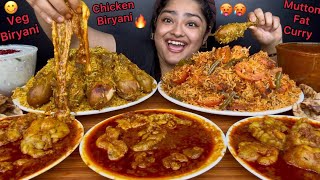 SPICY MUTTON FAT CURRY WITH CHICKEN DRUMSTICK BIRYANI AND PANEER VEGETABLE BIRYANI | ASMR MUKBANG