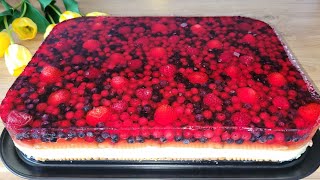 🍓Letnie, lekkie ciasto bez pieczenia na dużą blachę🍓Budyniowiec z owocami i galaretką🍓