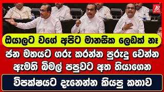 ඔයාලට වගේ අපිට මානසික ලෙඩක් නෑ. ඇමති බිමල් පපුවට අත තියාගෙන විපක්ෂයට දැනෙන්න කියපු කතාව