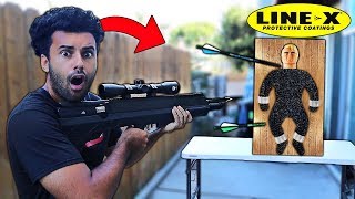 Spraying LINE-X ON A 100% UNBREAKABLE TOY (STRETCH ARMSTRONG!!) BULLET PROOF!! *WE MADE A MONSTER*