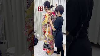 着物コーディネート·レディース 黄色地七宝桜松紅葉菊振袖#洛楽着物RAKURAKUKIMONO #京都着物レンタル #京都和服體驗#京都和服体验 #着物着付け体験 #kyotokimonorental