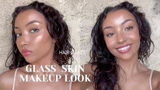 GLASS SKIN & GLAZED HAIR | glowy makeup routine | hair glaze at home