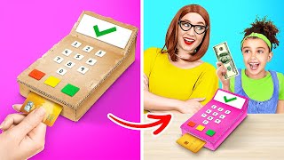 MOM MADE ME DIY CREDIT CARD MACHINE🤩 || Coolest Hacks out of Cardboard by 123GO! CHALLENGE