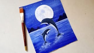 Easy Dolphin Moonlight landscape Scenery Drawing with acrylics step by step tutorial for beginners