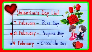 Valentine's Day Dates 2025|Valentine week list |7 Feb to 14 Feb all day list|February days list 2025