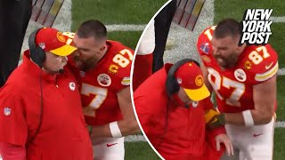 Angry Travis Kelce bumps, screams at Andy Reid to keep him on field after Chiefs’ Super Bowl fumble