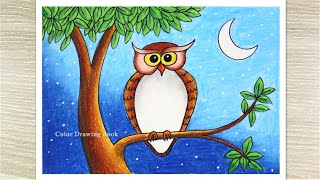 How to draw an owl sitting on a branch, Moonlight scenery drawing easy