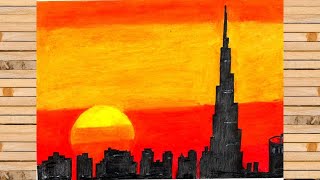 How to draw the Dubai city in evening time easy|| Step by step oil pastel drawing for beginners||