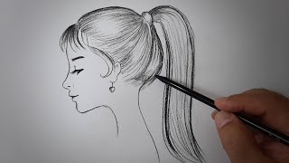 Side profile easy girl face drawing with ponytail hair and earrings for beginners.