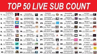 TOP 50 YouTuber Sub Count 24/7 LIVE: PewDiePie VS T-Series, Mr Beast & More!