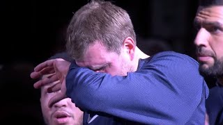 Dirk Nowitzki cries after being introduced in his last NBA game