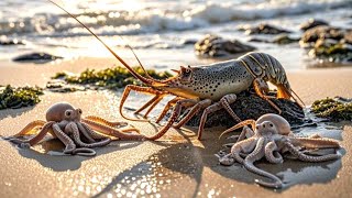 牛牛趕海撿到大龍蝦，八爪魚和海參也撿了滿滿兩桶，今天運氣太好！【牛牛赶海海鲜】