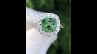 New 3.77 carat Natural Green Tourmaline and VS-SI Diamond 14k White Gold Halo Ring