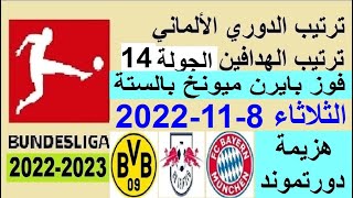 ترتيب الدوري الالماني وترتيب الهدافين اليوم الثلاثاء 8-11-2022 الجولة 14 - فوز بايرن ميونخ بالستة