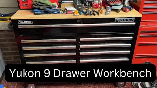 Yukon 46 inch 9 drawer mobile storage cabinet with wood top from Harbor Freight review.