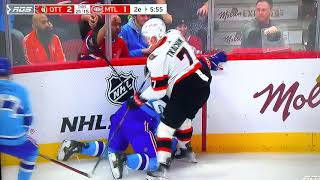 Brady Tkachuk hits Arber Xhekaj in the back and goes straight back to the bench