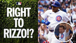 WHAT ARE THE ODDS!? Moisés Ballesteros' 1st career HR goes RIGHT to Anthony Rizzo in the stands! 🤯
