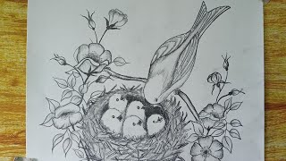 Daily challenge #123/ A bird with her baby birds / pencil drawing