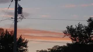 Orange Clouds Stretch Across The Evening Sky Behind The Silhouetted Trees And Power Lines