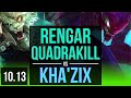 RENGAR vs KHA'ZIX (JUNGLE) | Quadrakill, 3 early solo kills, 11 solo kills | EUW Master | v10.13