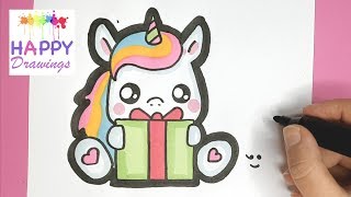 How to Draw and Color a Baby Unicorn holding a Christmas Gift - HAPPY DRAWINGS
