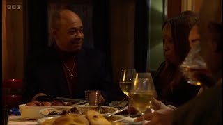 Eastenders pastor Clayton says during the family dinner about seeing Denise so well scene