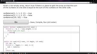 Java Coding Bat, Arrays 3, canBalance