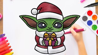 How to draw baby yoda christmas step by step