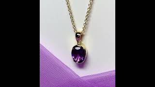 Real purple amethyst necklace pendant oval smooth rubbed over setting silver gilt